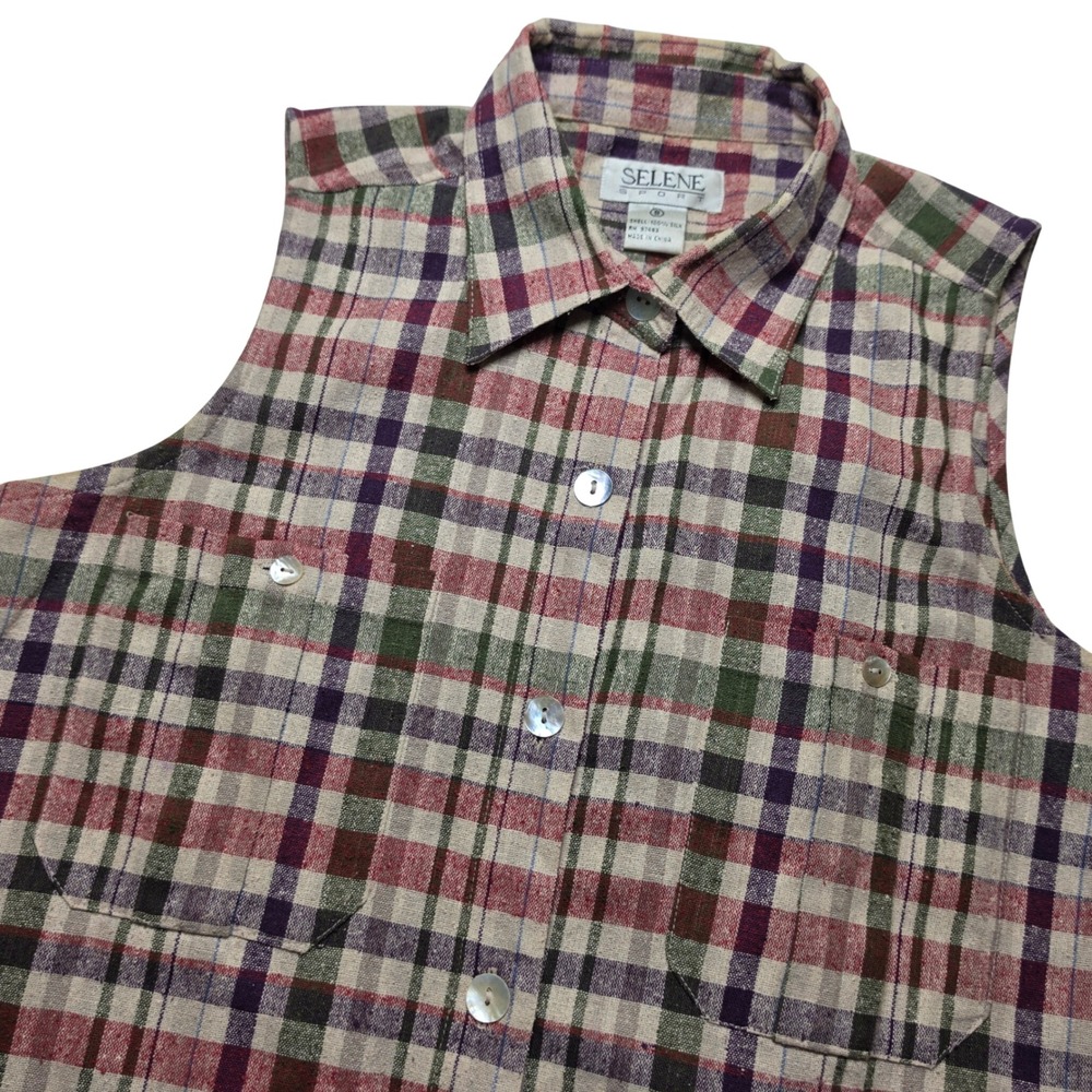 Selene Sport Womens Small Multicolor Plaid Silk Sleeveless Button Up Blouse Vest